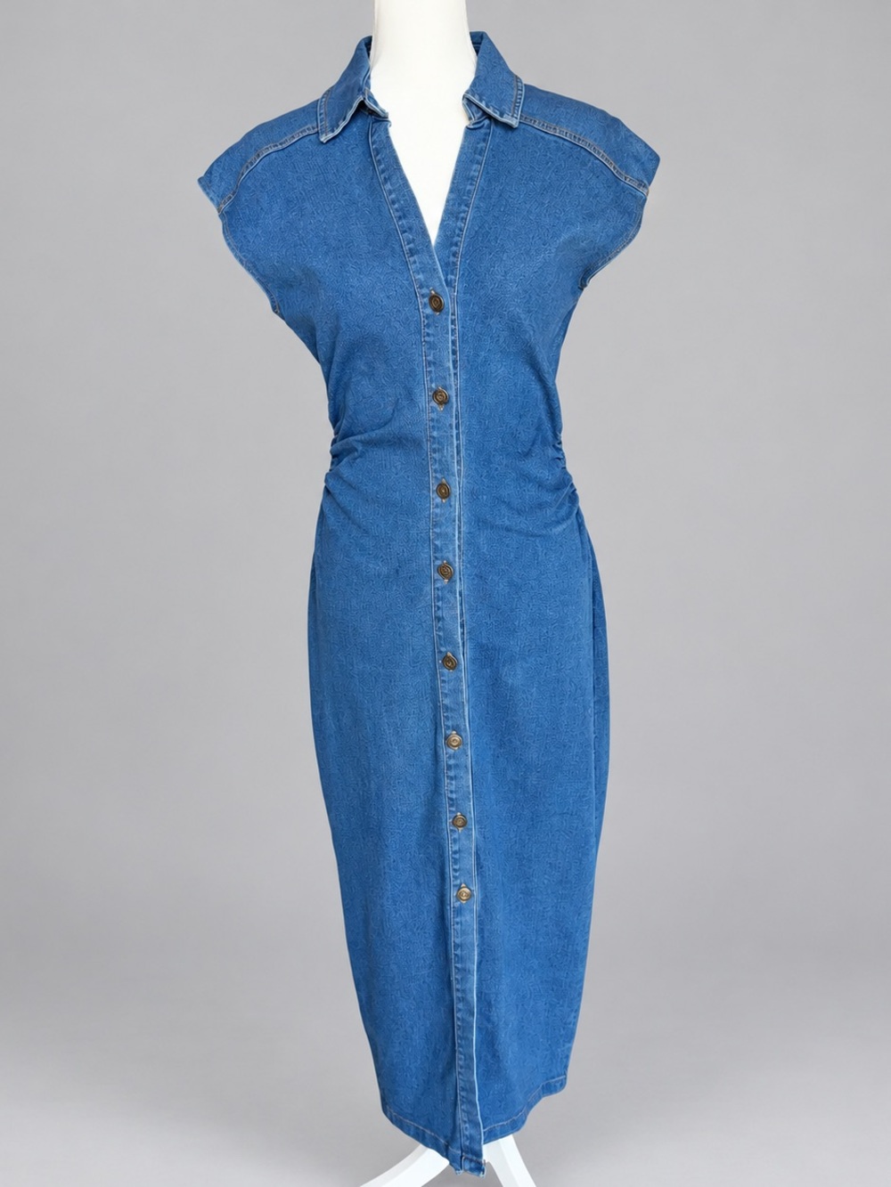 Fashion Nova Devine Denim Maxi Dress Large NWT Ruched Button Front